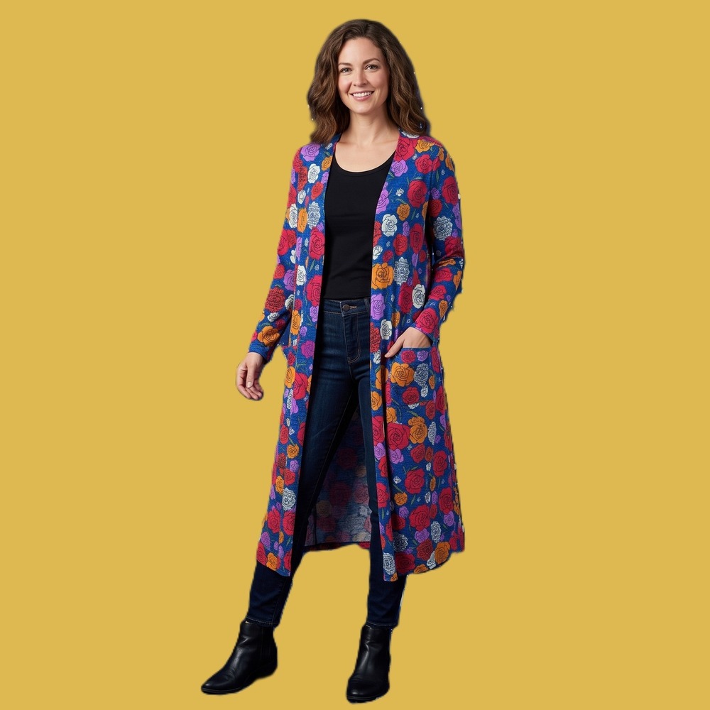 LuLaRoe Sarah Duster Cardigan Womens M Blue Pink Rose Floral Open Front Knit